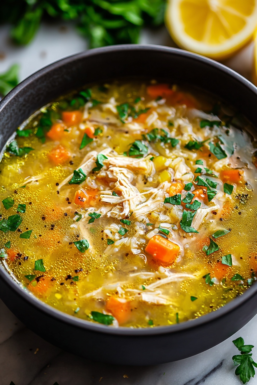 A bowl of soup with three main layers: the first layer is the clear yellow broth that fills the bowl, showing small pieces of white rice and soft white shredded chicken scattered throughout. The second layer consists of small orange carrot cubes and translucent chopped celery, spread evenly in the soup. The third layer is fresh green parsley leaves sprinkled on top along with black pepper dots adding texture. The soup is in a dark bowl set on a white marbled surface, with a half lemon and green herbs blurred in the background. Photo taken with an iphone --ar 2:3 --v 7