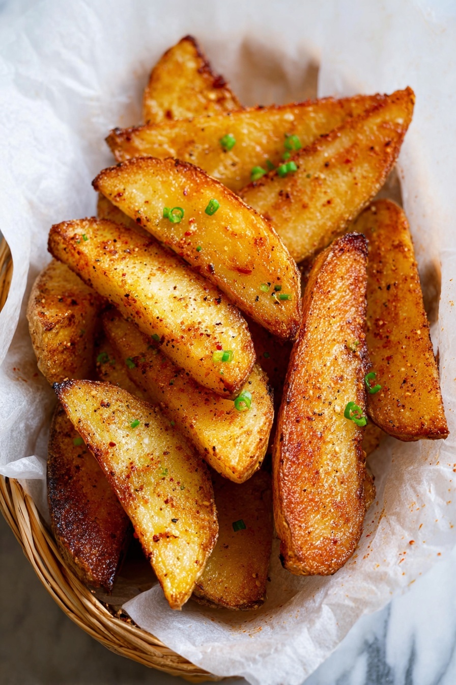 The image shows a basket lined with parchment paper full of golden potato wedges. The wedges are thick, with crispy brown edges and a soft yellow interior, lightly coated with seasoning and oil that gives them a shiny look. Small green chive pieces are sprinkled on top, adding a touch of fresh color. The basket is placed on a white marbled surface. photo taken with an iphone --ar 2:3 --v 7