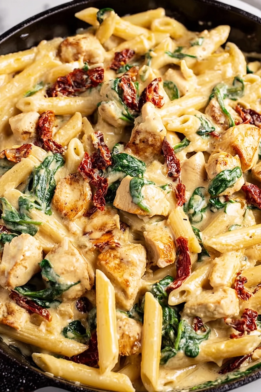 The dish shows a white bowl filled with creamy pasta made of three main layers: yellow penne pasta on the bottom and middle, pieces of light golden-brown chicken scattered throughout, and dark green spinach leaves mixed in. There are bright reddish-brown sun-dried tomatoes spread on top, adding a rich color and texture contrast. Fresh green herbs are sprinkled over the dish, giving a fresh touch. A silver fork is resting inside the bowl on the left side. The bowl is placed on a blue and white patterned cloth with a bunch of fresh green parsley in the background on a white marbled surface. photo taken with an iphone --ar 2:3 --v 7