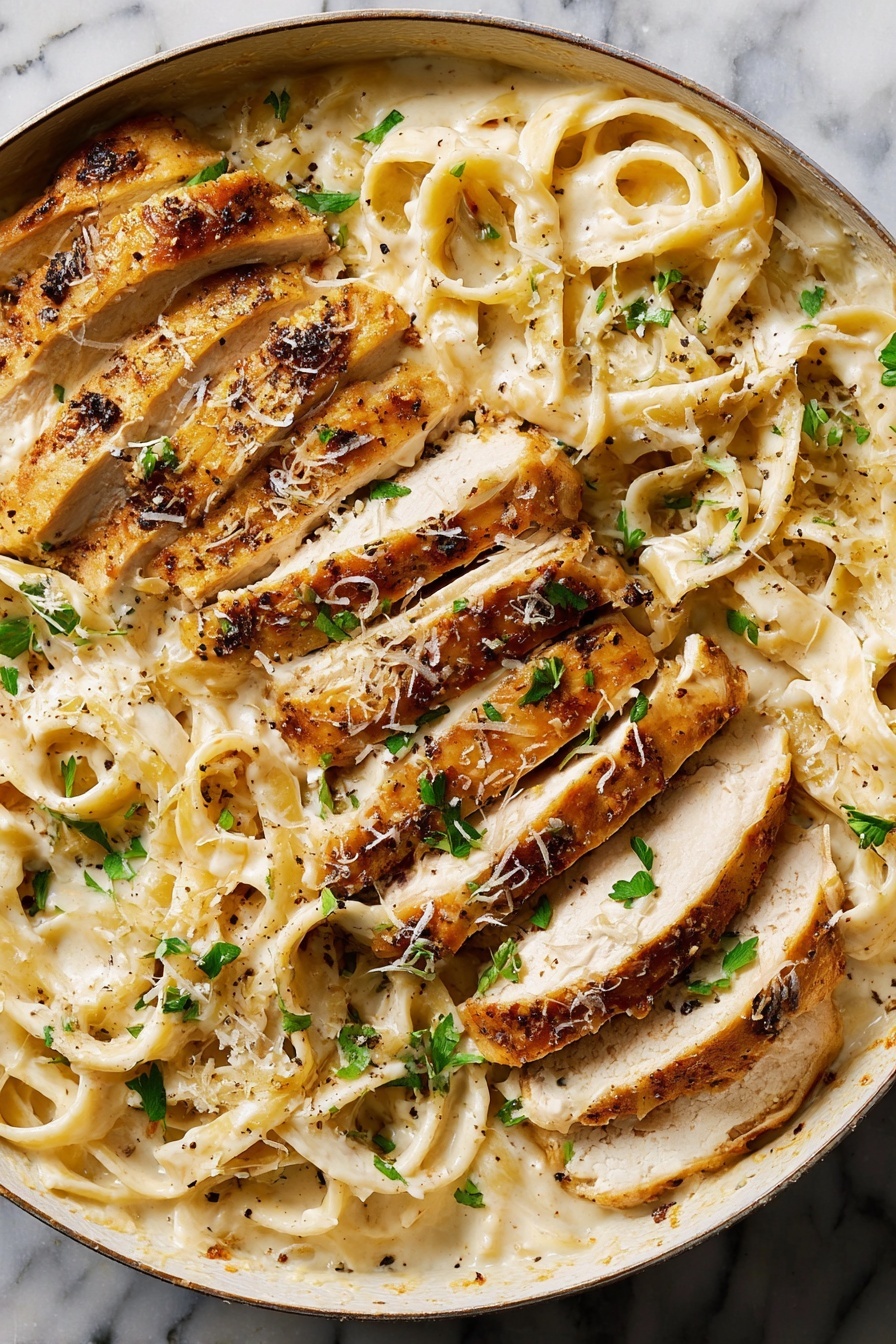 This image shows a close-up of several slices of cooked chicken with a light brown, seasoned outer layer and a tender white inside, placed on top of creamy pasta. The pasta is covered in a pale, smooth white sauce that looks rich, with strands of fettuccine mixed throughout. Small green parsley leaves are sprinkled all over, adding a fresh touch of color. There are also small shreds of light-colored cheese and a few cracked black pepper flakes on top. The dish is set on a white marbled surface. photo taken with an iphone --ar 2:3 --v 7