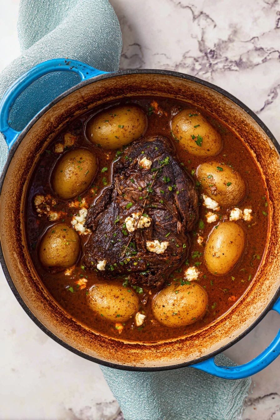 The dish is served on a white plate with a creamy brown sauce spread at the base. On one side, there are four small yellow potatoes, some halved with a soft, smooth texture and sprinkled with black pepper and small green herbs. On the other side, tender shredded meat pieces are coated with the same creamy sauce, topped with small white cheese chunks and green herb sprinkles. A gold fork rests on the edge of the plate. The background is a white marbled texture. photo taken with an iphone --ar 2:3 --v 7