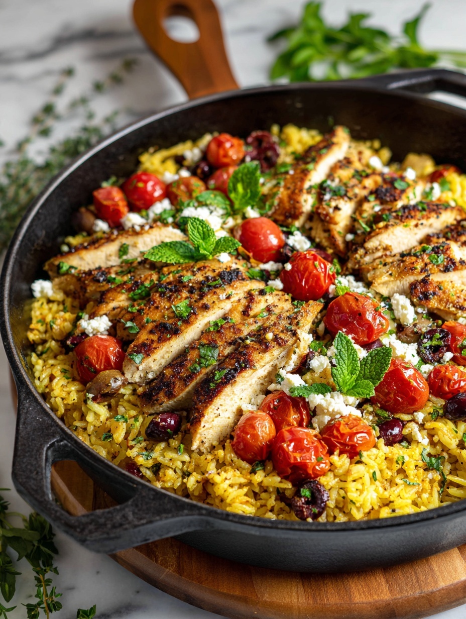 A black cast iron pan holds a colorful dish with several layers: the base is yellow rice mixed with small green spinach leaves and dark olives, topped with sliced, golden-brown cooked chicken pieces scattered all around. Bright red cherry tomato halves are spread evenly, adding pops of color. On top, crumbled white cheese is sprinkled along with fresh green herbs like parsley and basil leaves. The pan rests on a white marbled surface with a gray and white striped cloth beside it and a wooden coaster below. Photo taken with an iphone --ar 2:3 --v 7