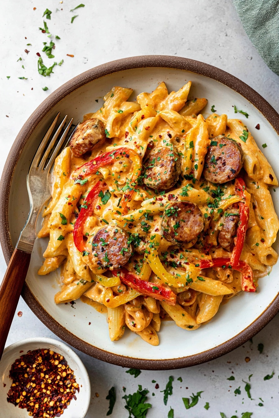 A plate with creamy penne pasta mixed with slices of browned sausage, thin slices of red and yellow bell peppers, and mushrooms. The pasta is coated in a smooth orange sauce, and the dish is topped with green parsley pieces and black pepper specks. On the left side of the plate, a fork with a wooden handle rests. The plate is white with a brown rim, placed on a white marbled surface with some parsley bits scattered near the top. There is a small white bowl of crushed red pepper flakes at the bottom right, just outside the plate's edge. Photo taken with an iphone --ar 2:3 --v 7