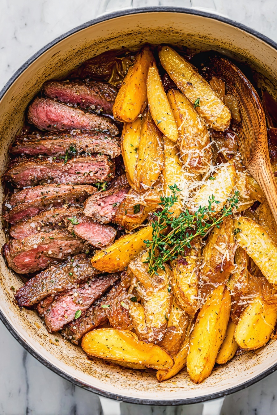 A white pan holds a dish with two main parts: on the left side, thin pieces of cooked steak with a brown color and a slight pink inside, garnished with small green herb leaves; on the right side, golden-yellow roasted potato wedges and halved small potatoes with a crispy look, sprinkled with grated white cheese and herbs, and a wooden cooking spoon is resting on the edge of the pan. The pan sits on a white marbled surface. photo taken with an iphone --ar 2:3 --v 7