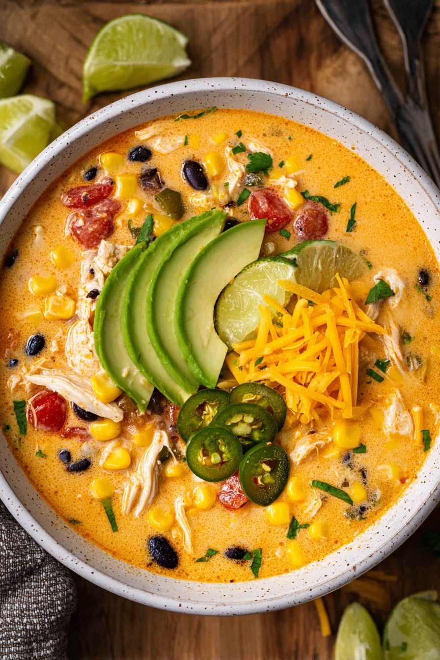 A white bowl filled with a creamy orange soup that has visible layers of ingredients like yellow corn kernels, black beans, and shredded white chicken mixed throughout. On top, there are chunks of green avocado placed in the center, bright orange shredded cheese scattered nearby, a few slices of green jalapeño, and lime wedges positioned on one side of the bowl. The soup surface is dotted with small red spices and green herb pieces. The bowl is set on a wooden table with lime wedges around it. Photo taken with an iphone --ar 2:3 --v 7