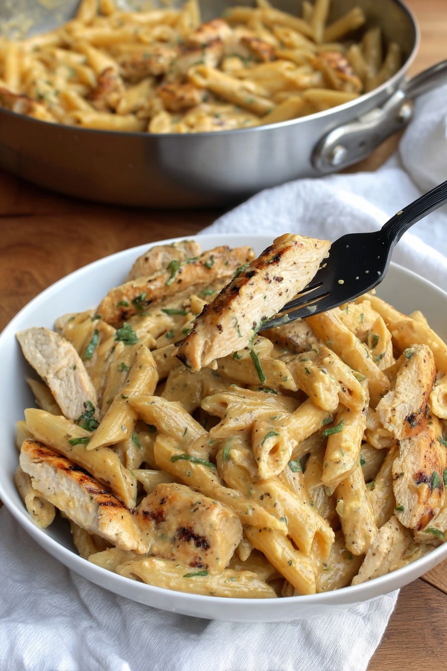 A white round bowl filled with creamy pasta and sliced cooked chicken. The pasta is penne, coated in a thick light yellow sauce with green herb bits mixed throughout. The chicken pieces are light brown with a slightly browned outer surface, mixed evenly with the pasta. There is a light sprinkle of grated cheese and cracked black pepper on top. A black fork rests on the right side inside the bowl. The bowl is placed on a light wood table with a white marbled surface in the background, and a metal pan full of more pasta is seen partially at the top left. A white cloth is crumpled at the top right corner. photo taken with an iphone --ar 2:3 --v 7