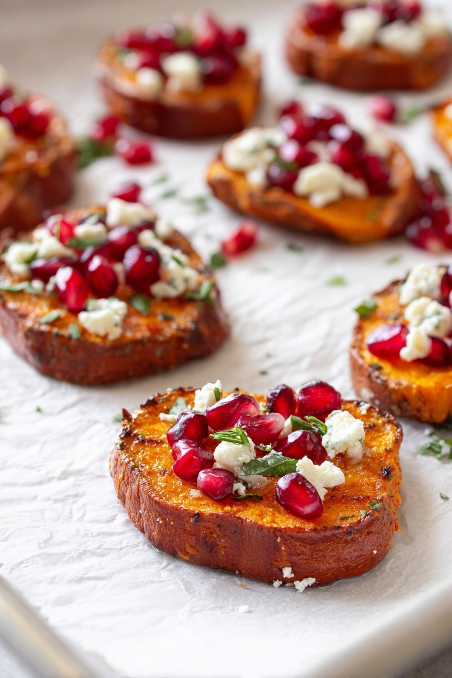 The image shows several thick, round slices of sweet potato on white parchment paper, each slice topped with small chunks of white cheese, bright red pomegranate seeds, and small green herb leaves. The sweet potato slices have a rough, brownish-orange skin with a soft orange interior. The toppings add a mix of white, red, and green colors, creating a fresh and colorful look. The slices are evenly spaced on a baking tray with a white marbled surface visible beneath. Photo taken with an iphone --ar 2:3 --v 7