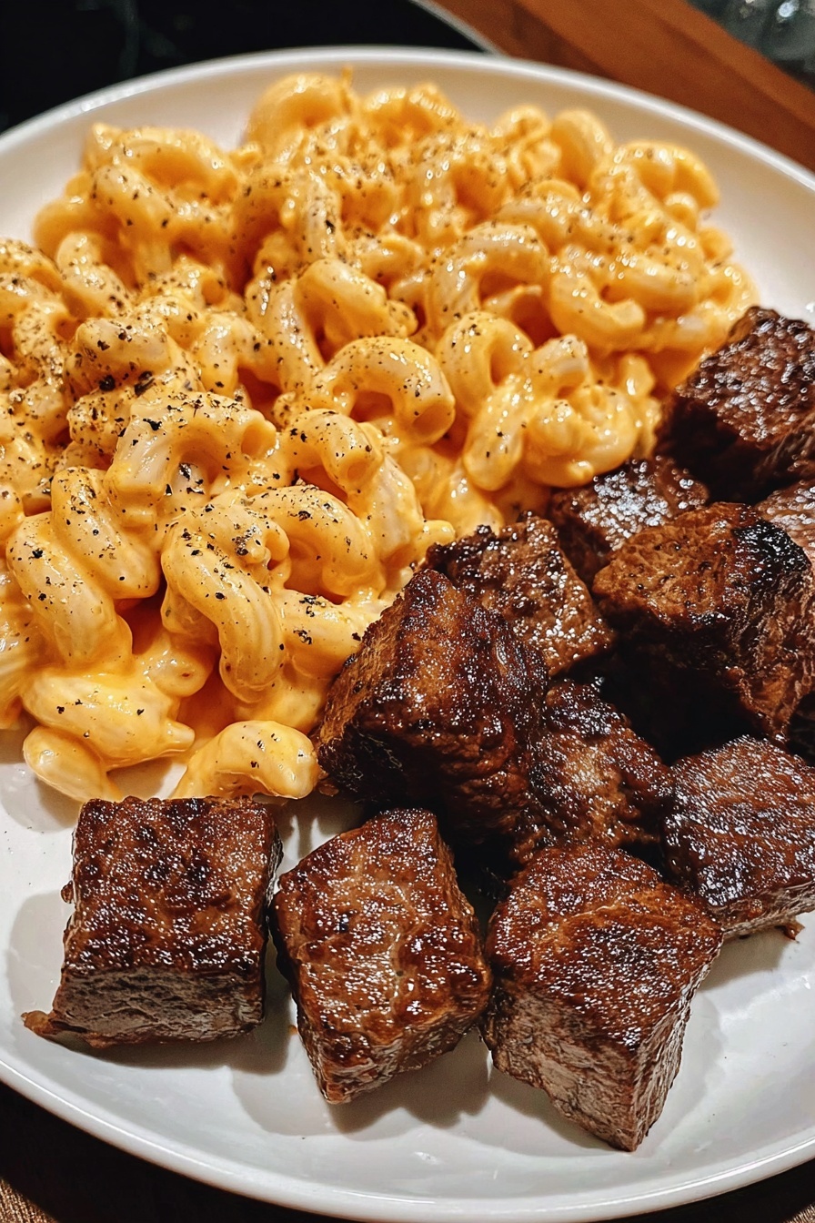 A white plate holds two sections of food on a white marbled surface. On the left is a large pile of short, tube-shaped pasta covered in smooth, creamy orange cheese sauce with a slightly shiny texture, sprinkled evenly with small black pepper flakes. On the right side, there are many small, square-shaped browned pieces of cooked beef with a shiny, seared surface showing different shades of brown and a slightly rough texture. Photo taken with an iphone --ar 2:3 --v 7