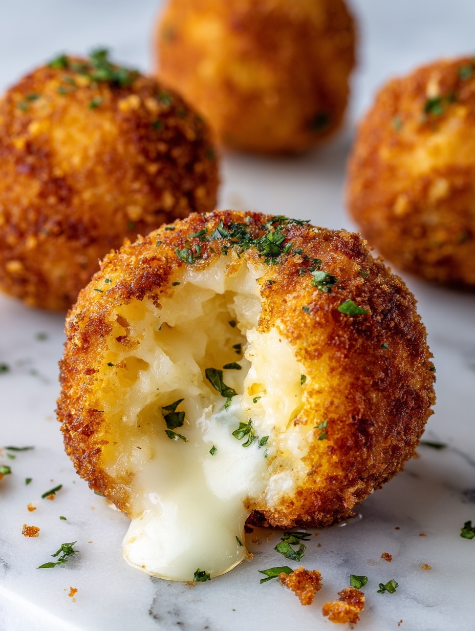 The image shows a round fried ball with a crispy golden brown outer layer that is thick and crunchy. Inside, the ball has a soft, smooth, creamy white filling with small bits of herbs and tiny specks of seasoning, and a slightly melted, pale yellow cheese center that looks soft and stretchy. The ball is placed on a piece of white paper with small green herb pieces scattered around it, all set on a white marbled surface. Photo taken with an iphone --ar 2:3 --v 7