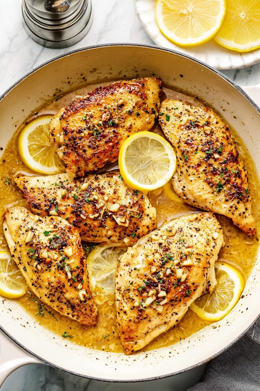 The image shows a white pan filled with four cooked chicken pieces, each golden brown with a slightly charred texture, sprinkled with small bits of garlic and black pepper. The chicken is partly covered by a light brown sauce with a glossy surface, pooling around the edges. Slices and wedges of bright yellow lemon are placed on and around the chicken, adding a fresh contrast. The white marbled surface beneath the pan is visible, and small bowls containing pepper and lemon slices sit nearby. The scene is bright and focused, highlighting the juicy and textured look of the chicken. photo taken with an iphone --ar 2:3 --v 7