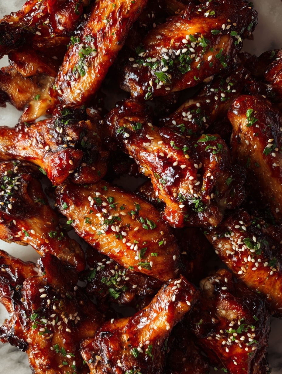 A pile of glazed chicken wings sits on parchment paper, each wing covered in a shiny, dark brown sauce with a sticky texture. The wings have charred edges, adding blackened spots that give a grilled look. Light-colored sesame seeds are sprinkled on top along with small green herb pieces, scattered evenly across the chicken. The parchment paper sits on a flat surface with a white marbled texture. photo taken with an iphone --ar 2:3 --v 7