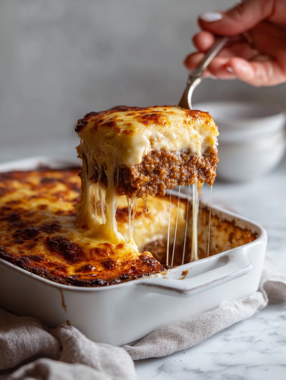 A white rectangular baking dish filled with a layered casserole, the top layer is golden-brown melted cheese with some darker spots, underneath is a thick layer of light beige sauce mixed with ground meat that appears slightly crumbly and moist. A woman's hand is holding a fork lifting a square portion, showing melted cheese stretching and the dense meat and sauce layers below. The dish is set on a white marbled surface with a soft cloth partially visible nearby. photo taken with an iphone --ar 2:3 --v 7