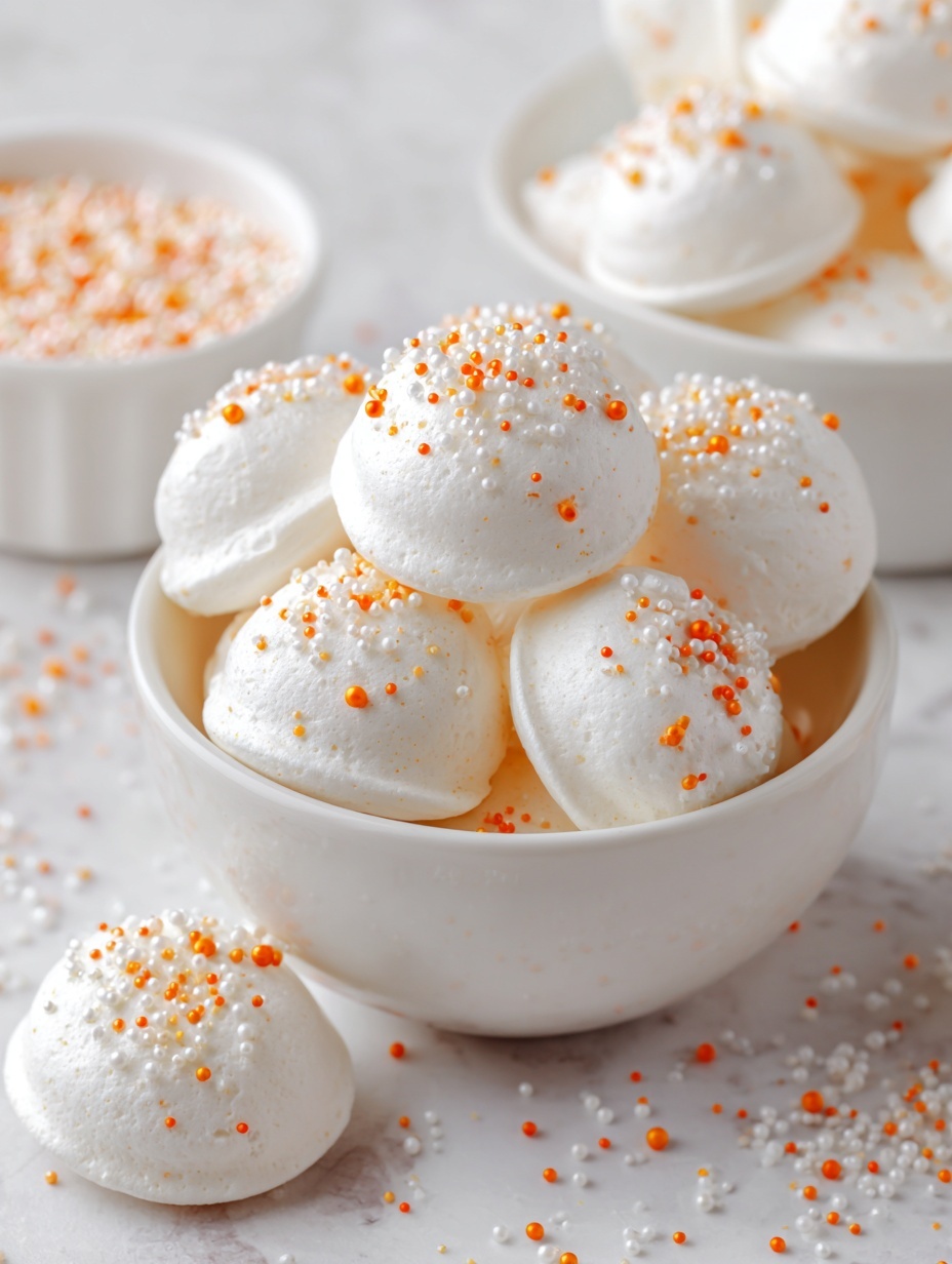 The image shows a white ceramic bowl filled with round white meringue cookies that have a smooth texture and are topped with small orange and white sugar pearls. There are about six meringues stacked inside the bowl, with a close-up view showing the soft curves and light shadowing on their surface. In the foreground, there is a white bowl partially filled with more orange and white sugar pearls. The background has a soft focus with a white marbled surface, and a white meringue with sprinkles is placed outside the bowl near the bottom right corner. The overall look is bright and clean, with soft natural light. photo taken with an iphone --ar 2:3 --v 7