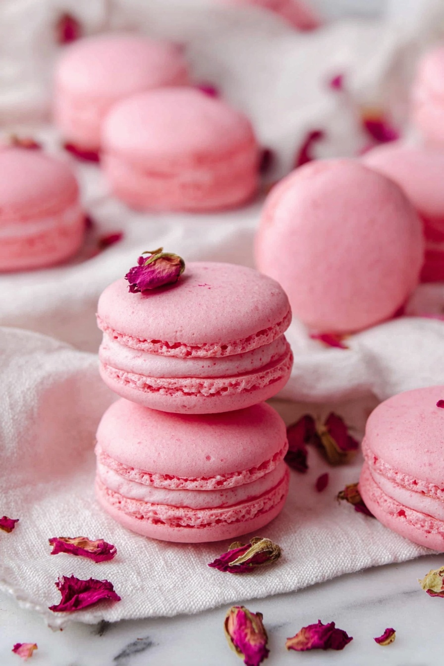 The image shows pink macarons placed on a soft white fabric on a white marbled surface. Each macaron has two smooth, round pink shells with a slightly bumpy texture and a light pink creamy filling layer sandwiched in the middle. The macarons are scattered, with some laying flat and one slightly tilted, showing the filling clearly. Small dried flower petals in dark red and brown are lightly scattered around the macarons on the white marbled surface. photo taken with an iphone --ar 2:3 --v 7