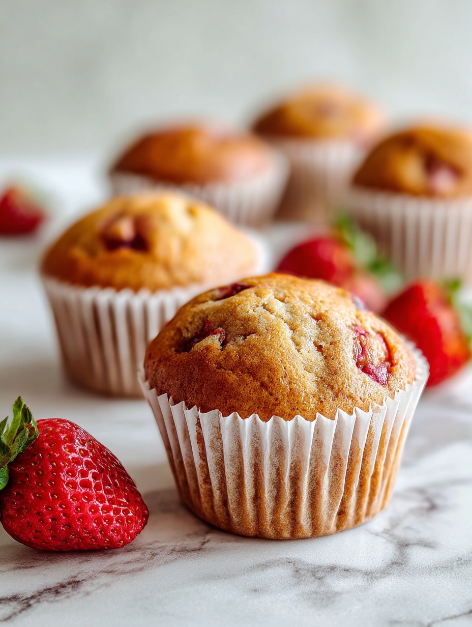 Two black muffin trays each hold six white paper liners filled with uncooked muffin batter. The batter is light yellow with visible pieces of red strawberry mixed in and is unevenly placed in each liner, some slightly spilling over the edges. The trays are set on a surface with a white marbled texture, and a floral cloth is partially seen in the corner. Photo taken with an iphone --ar 2:3 --v 7