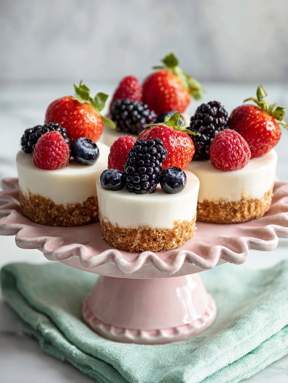 The image shows four small fruit tarts arranged side by side on a pink cake stand with a smooth, glossy finish and a scalloped edge. Each tart has three visible layers: a light brown crumbly crust at the bottom, a thick, white creamy layer in the middle with a textured pattern, and a top layer of fresh mixed berries including red strawberries, dark blackberries, and blue blueberries. The colors are bright and fresh, with the berries shining slightly as if glazed. The cake stand sits on a soft light green cloth over a white marbled surface, and the background is plain and softly blurred. photo taken with an iphone --ar 2:3 --v 7