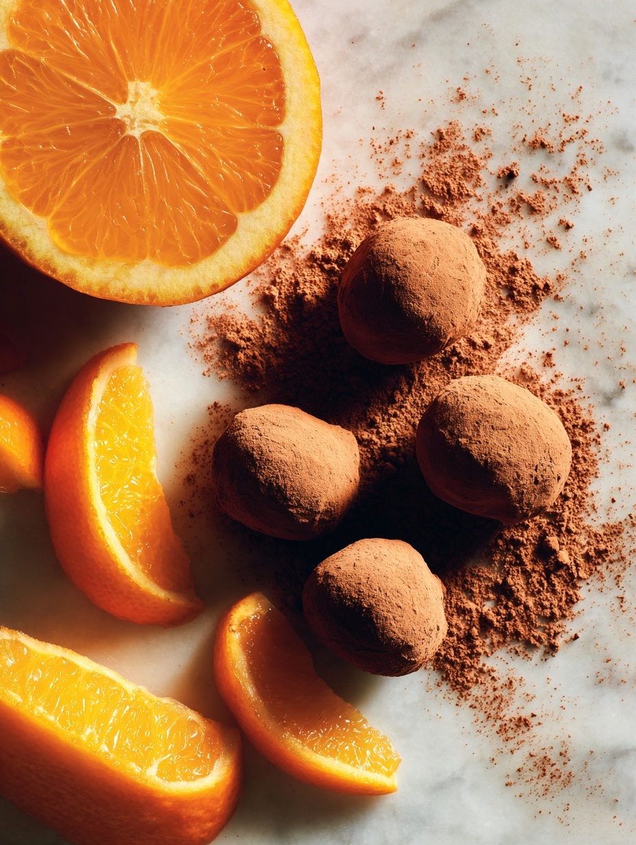 A group of small round chocolate truffles dusted with a dark brown cocoa powder, arranged loosely in the center of a white marbled surface with scattered cocoa powder smudges around them. To the left is a half orange showing its bright orange flesh and texture, and near the bottom left is a small wedge of orange with the rind still on. Thin orange zest strips are scattered loosely around the truffles, adding a bright contrast to the deep brown and white colors. photo taken with an iphone --ar 2:3 --v 7
