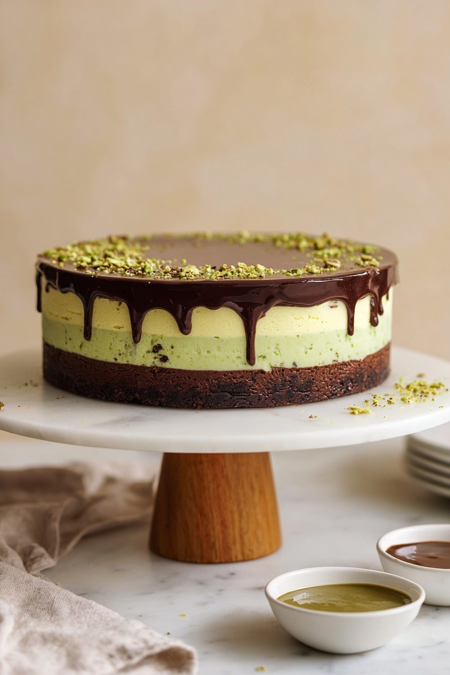 A round baking pan lined with white paper holds two distinct layers of food. The bottom layer is greenish-yellow shredded texture covering the entire base and edges of the pan. On top, only slightly more than half the surface is covered by a smooth, shiny dark brown liquid-like layer that contrasts with the shredded base, leaving a portion of the shredded layer visible around the edges. The pan is placed on a white marbled surface. photo taken with an iphone --ar 2:3 --v 7