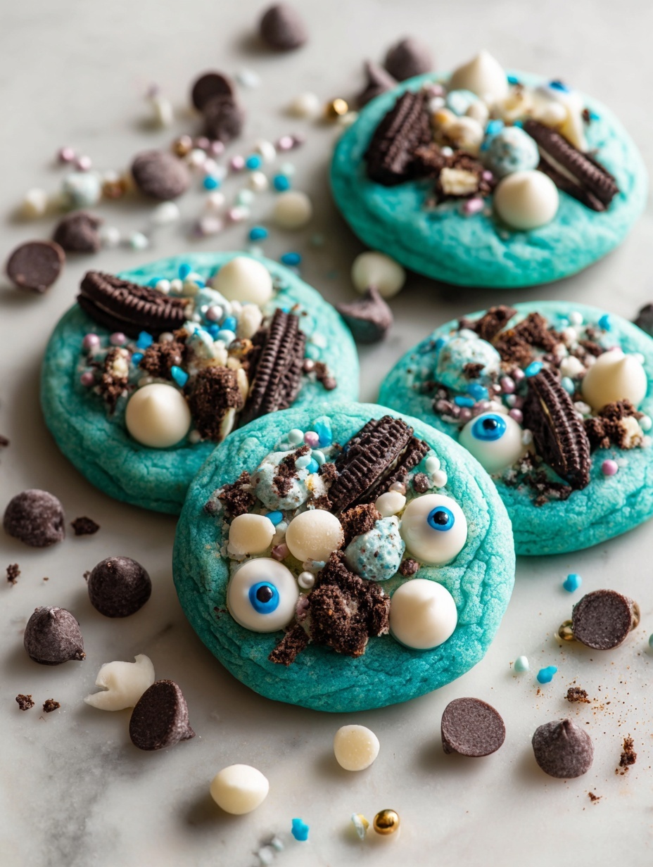 The image shows two blue-green cookies stacked on a white marbled surface, with the top one broken in half to reveal a melted brown chocolate layer inside, along with white and dark chocolate chips and cookie pieces embedded in the dough. The cookie dough has a soft, textured look with small chunks of chocolate spread throughout, creating a mix of smooth melted chocolate and chunky bits inside and on the surface. In the background, part of another cookie is slightly out of focus, highlighting the main stack. photo taken with an iphone --ar 2:3 --v 7