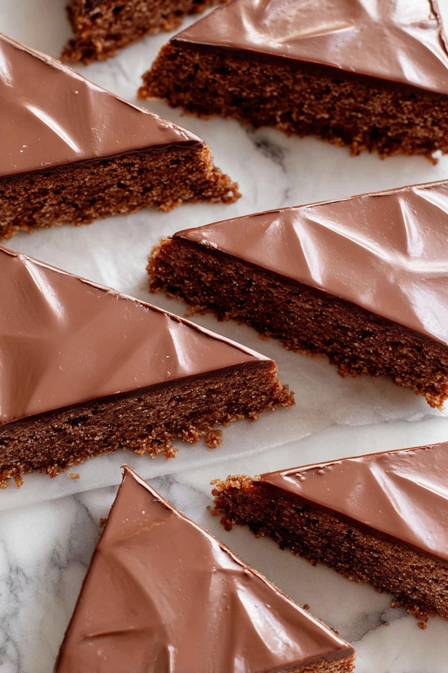 The image shows a stack of four rectangular bars on a white plate with a textured pattern. Each bar has two layers: a bottom layer of light brown, crumbly cake with a soft texture, and a top layer of smooth, glossy dark brown chocolate that evenly covers the top surface. The bars are stacked unevenly, with crumbs scattered around the plate, all placed on a white marbled surface. photo taken with an iphone --ar 2:3 --v 7