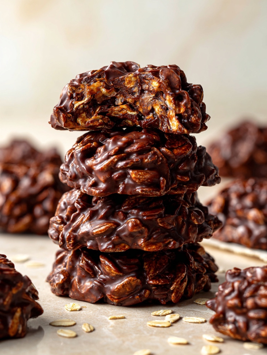 A white speckled round dish lined with parchment paper holds a circle of nine dark brown cookies, each densely packed and textured with visible chocolate and oats, creating a rough bumpy surface. The cookies overlap slightly in the center, showing their round shapes and glossy chocolate coating that catches soft light, highlighting the oats’ light brown edges on top. The dish rests on a white marbled surface with a folded striped cloth peeking out on the side. photo taken with an iphone --ar 2:3 --v 7