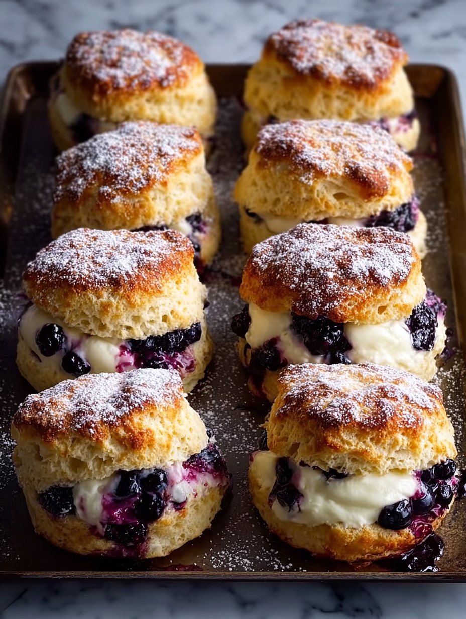 A close-up view of four round blueberry scones stacked on a dark blue plate with a white marbled background; each scone has two layers with a golden-brown crispy top and a soft, light-colored inside spotted with dark purple-blue blueberries, some melting creamy white filling oozes between the top and bottom layers, adding a glossy texture to the sides and edges, while the surface of the scones shows a slight sugary sheen; a dark blue cup of black coffee is blurred in the background photo taken with an iphone --ar 2:3 --v 7