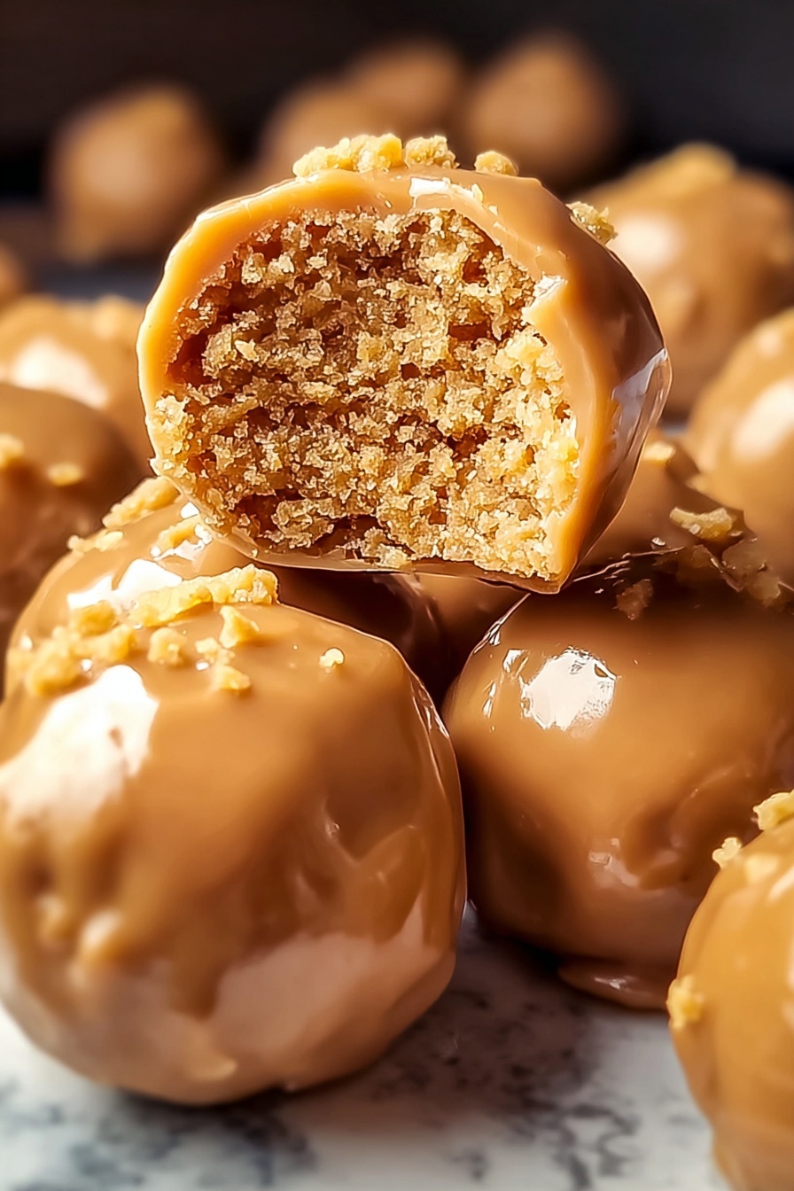 The image shows a close-up of several round truffles stacked together, covered in a shiny caramel-colored coating. One truffle is bitten into, revealing a crumbly, textured light brown inside with small uneven pieces. The outer layer is smooth with some drizzled lines of the same caramel shade on top, giving a slightly glossy finish. The truffles have small bits of crumbly topping scattered unevenly across the surface. They rest on a white marbled texture, softly lit to highlight the details of both the shiny coating and the rough crumbly inside. photo taken with an iphone --ar 2:3 --v 7