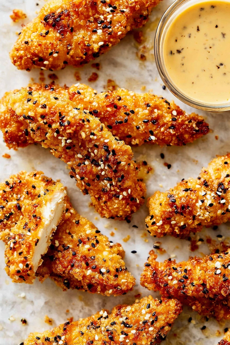 The image shows several crispy golden-brown chicken strips scattered on a white marbled surface. Each strip is covered in a crunchy crust with a mix of black and white sesame seeds and visible seasoning, giving texture and a slightly uneven appearance. The chicken strips vary in size and shape, with some longer and some shorter pieces. Near the top right corner, there is a clear glass bowl filled with a creamy beige dipping sauce with a slight sprinkle of seasoning on top. Small crumbs and bits of the crust are scattered loosely around the chicken strips on the marbled surface. photo taken with an iphone --ar 2:3 --v 7