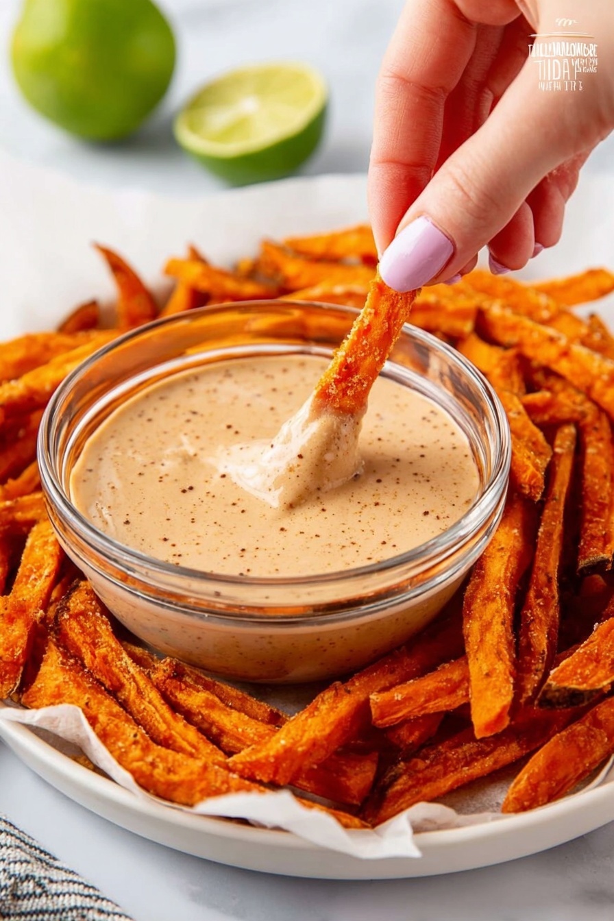 A clear glass bowl filled with creamy beige dip speckled with small brown spices sits in the middle of a white plate lined with parchment paper. Surrounding the bowl are many bright orange sweet potato fries, dry with a slightly rough texture and some darker browned spots. A woman's hand with neatly manicured white nails dips one thick orange fry into the smooth sauce. Two lime halves with a fresh green-yellow color sit blurred in the background. The whole scene rests on a white marbled surface. photo taken with an iphone --ar 2:3 --v 7
