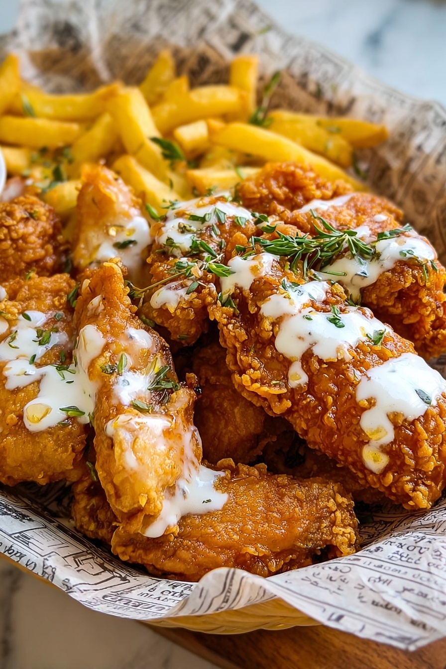 A round black plate lined with brown patterned paper holds a mix of fried food. There are five pieces of golden-brown fried chicken pieces arranged over the paper, with textures ranging from smooth and crispy to crinkly and crunchy. On the right side, there is a small pile of long yellow French fries, slightly shiny from oil. The plate sits on a white marbled surface with a wooden table partially visible. A small white bowl with a dark rim is partly in the frame at the bottom left corner, and at the top left, there is a small white plate with some reddish seasoning. photo taken with an iphone --ar 2:3 --v 7