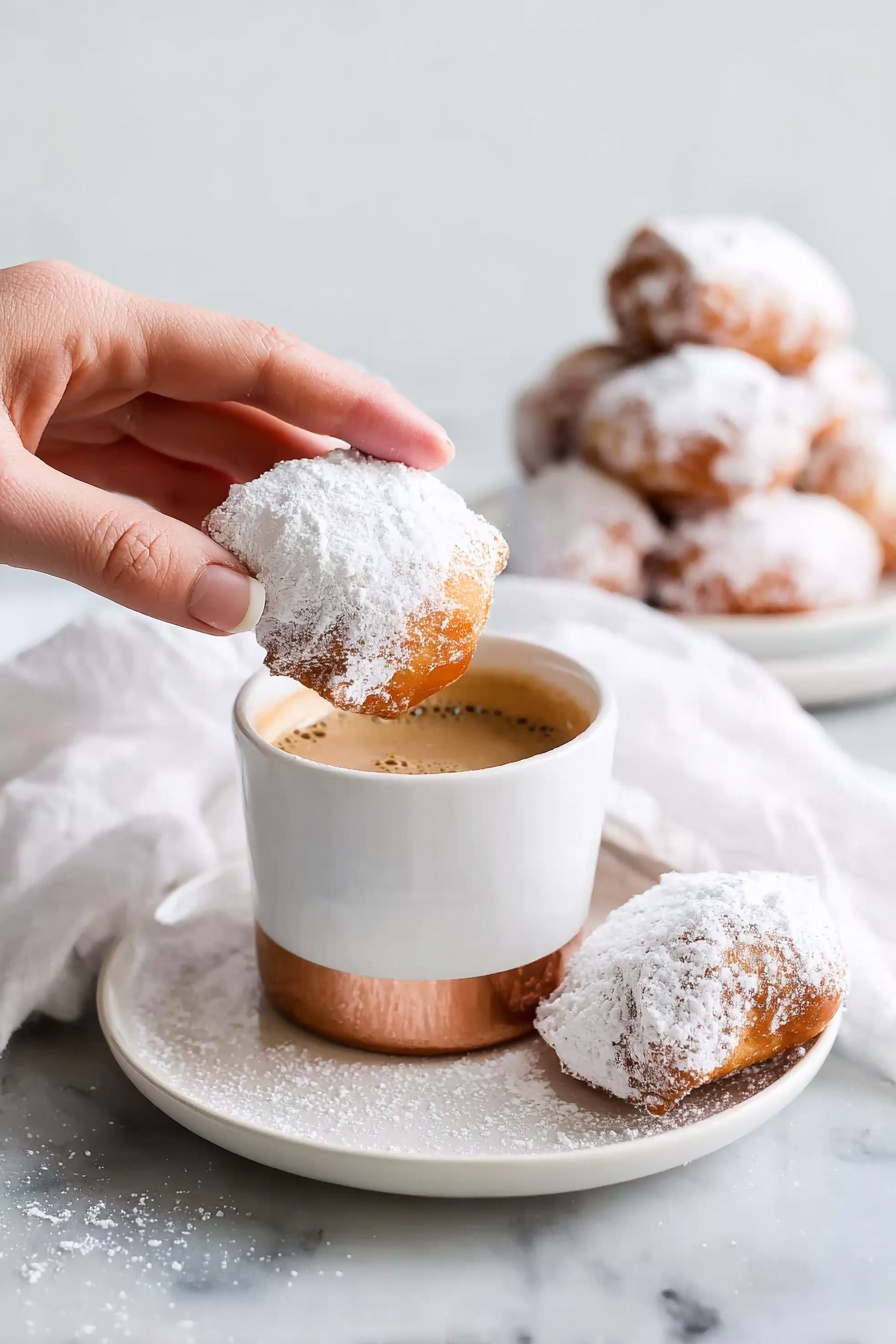 A woman's hand is dipping a powder sugar-covered pastry with a cracked surface into a white cup with a light brown base filled with brown liquid. The cup sits on a white plate holding two more pastries, one leaning on the other, both dusted with white powder. In the background, a white plate holds several more pastries with the same white powdered coating, resting on a white marbled surface with a folded white cloth nearby. Photo taken with an iphone --ar 2:3 --v 7