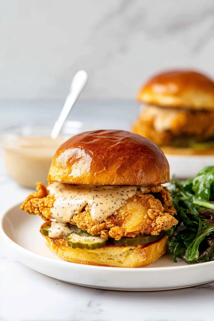 The image shows a close-up of a fried chicken sandwich on a white plate resting on a white marbled surface. The sandwich has three main layers: a shiny, golden brown toasted bun on top, a crispy golden fried chicken fillet in the middle coated with a smooth light brown sauce that drips slightly over the edges, and a toasted bun bottom with grilled green pickles and more of the same sauce spread. Behind the sandwich, there is a small glass jar with extra sauce and a white spoon inside. To the right side of the plate, there is a fresh green kale salad with thin yellow strips mixed in. In the soft background, a second sandwich is visible but out of focus. The photo was taken with an iphone --ar 2:3 --v 7