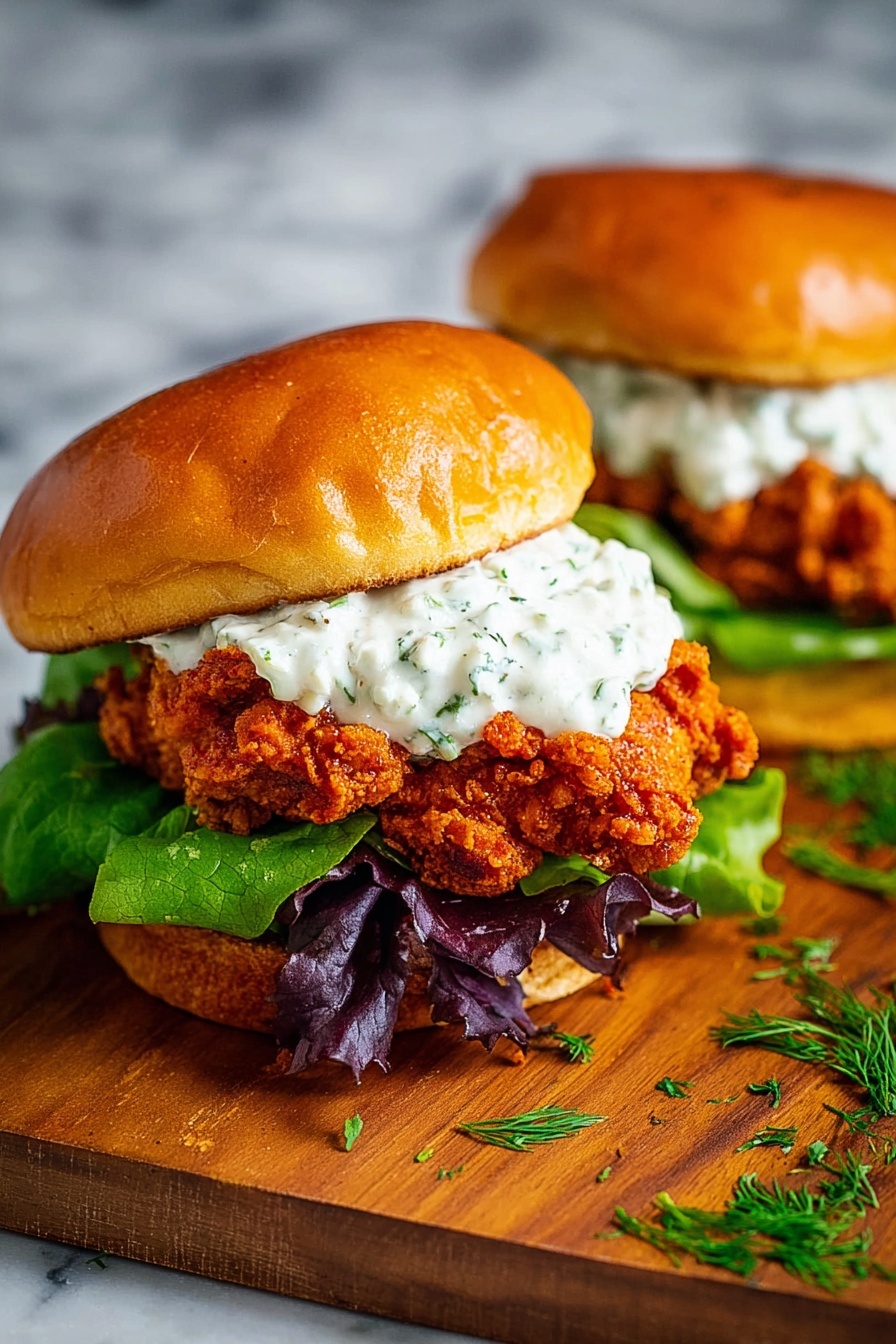 A sandwich sits on a wooden board with a shiny, golden-brown bun on top. Under the top bun is a thick layer of white creamy sauce with green herb bits mixed in. Beneath the sauce is a layer of crispy, deep orange fried chicken. Below the chicken, there is a mix of dark and light green leafy lettuce sitting on the bottom golden-brown bun. The background shows another similar sandwich and some sprigs of green herbs on the wooden board. photo taken with an iphone --ar 2:3 --v 7