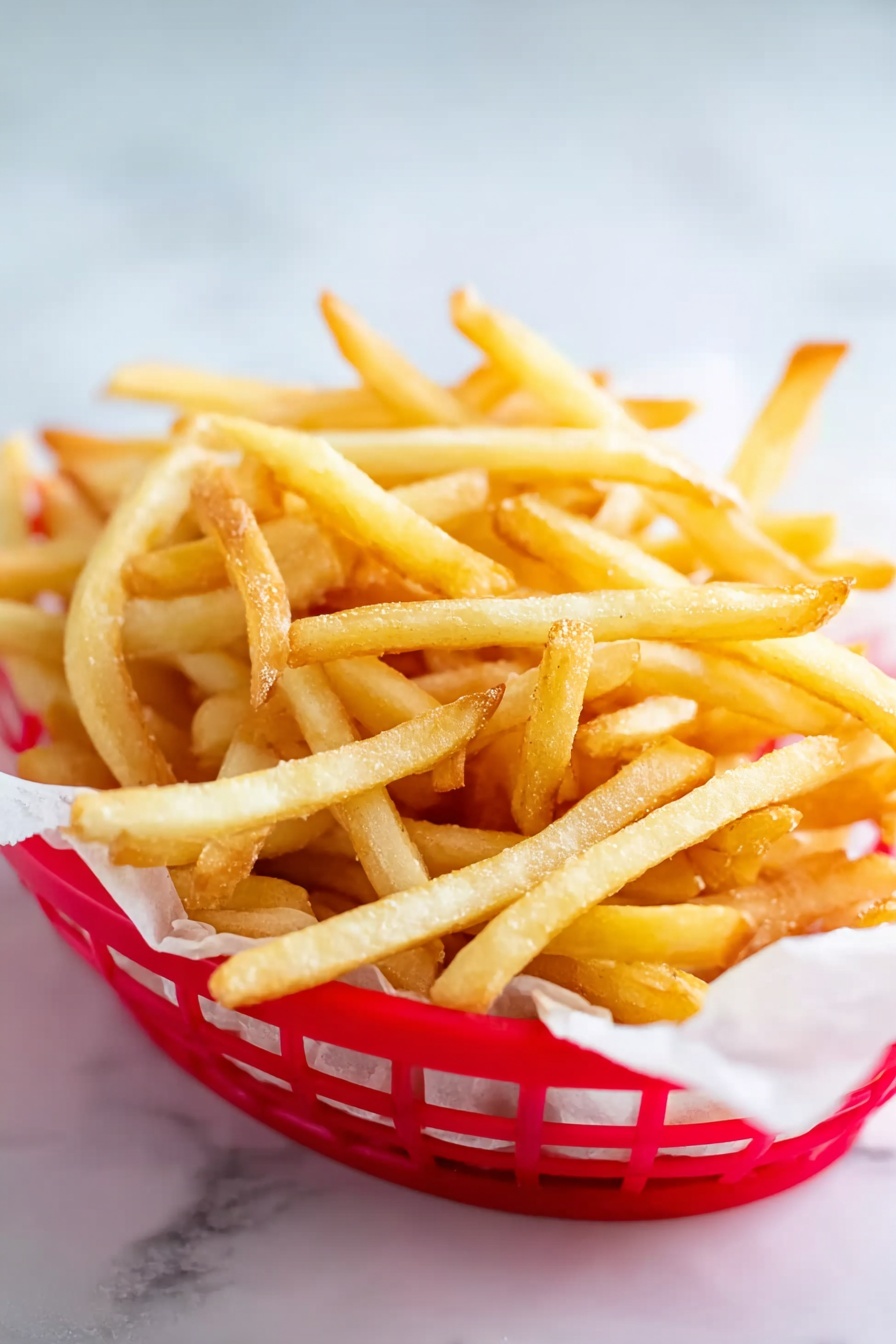 A white basket filled with a large pile of thin, golden-yellow French fries resting on white paper inside. The fries are long, mostly straight with some slightly curved and have a crispy texture, with a few darker golden spots showing light frying. The background shows a soft gradient from light gray at the bottom to blue-gray at the top over a white marbled surface, giving a clean and bright look. Photo taken with an iphone --ar 2:3 --v 7
