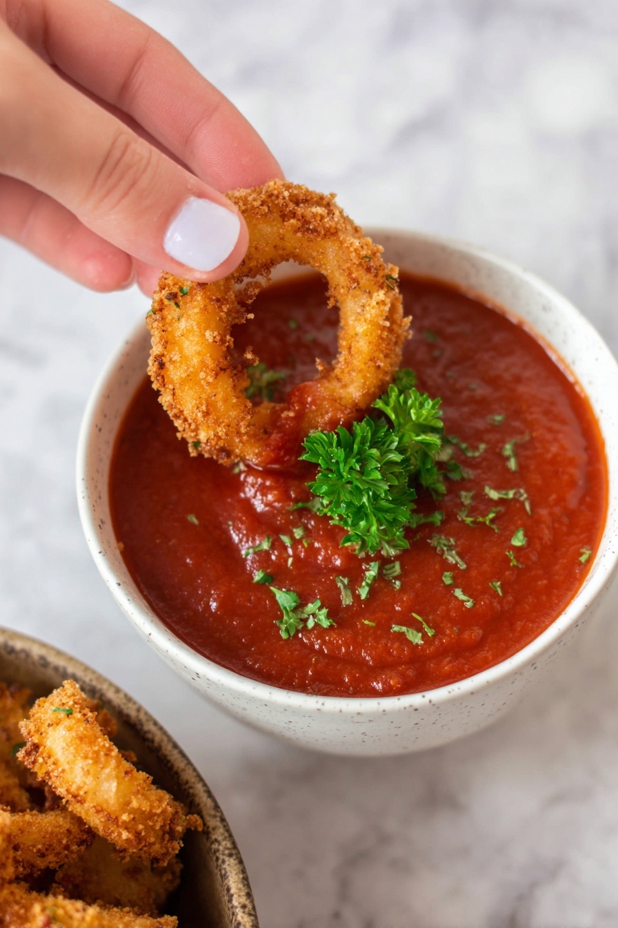 A close-up of a crispy golden-brown onion ring being held by two fingers above a white bowl filled with thick, smooth red marinara sauce. In the center of the sauce, there is a small bunch of bright green parsley for garnish. In the bottom left corner, there is part of a white bowl with more onion rings visible inside. The background is a white marbled surface. Photo taken with an iphone --ar 2:3 --v 7