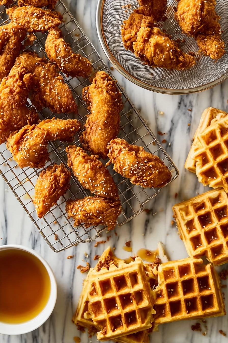 The image shows a white marbled surface with several golden-brown crispy fried chicken strips arranged on a metal cooling rack in the center and left side. The chicken pieces have a rough crunchy texture with some small crumbs scattered around. On the right side, there are four stacked golden waffles with a grid pattern, their surface looking crisp and toasted. A fine metal strainer holding two chicken strips rests partly on the rack. Below the rack, a small glass container filled with dark syrup sits on the marble surface. The scene is brightly lit, highlighting the warm colors and textures of the food. Photo taken with an iphone --ar 2:3 --v 7