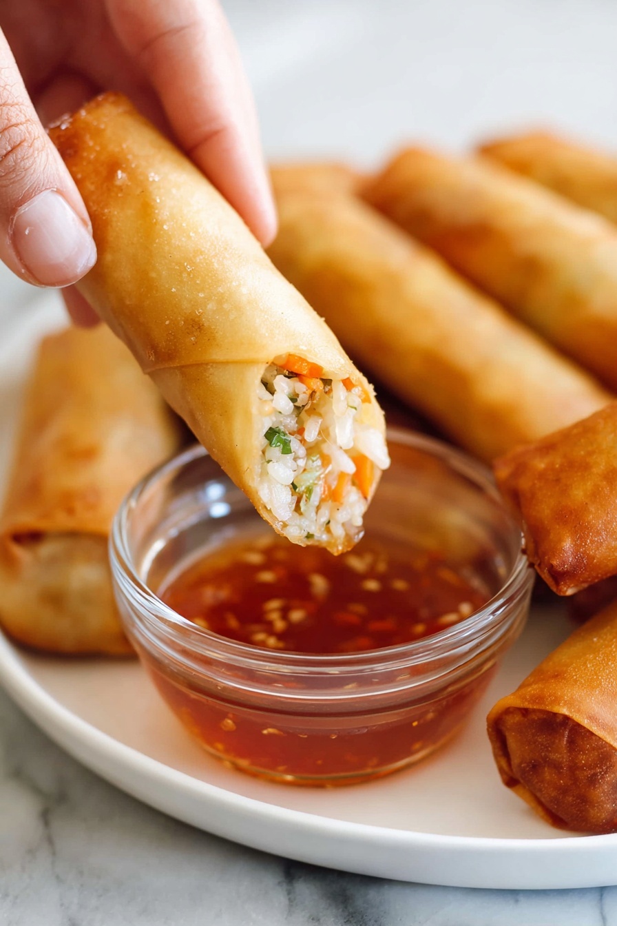 A close-up of a crispy, golden brown spring roll being held by a woman's hand, dipped halfway into a clear glass bowl filled with glossy reddish-brown dipping sauce; the spring roll is cut open to show layers of white rice noodles mixed with small pieces of orange carrot and green herbs inside. The bowl is placed on a white plate that holds several other whole spring rolls with similar golden crispiness, all set on a white marbled surface. photo taken with an iphone --ar 2:3 --v 7