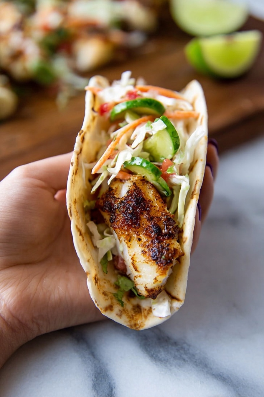 A close-up of a grilled taco held by a woman's hand, showing soft, lightly toasted tortilla wrapped around layers. Inside, there is a piece of golden-brown grilled fish as the main layer at the bottom. On top of the fish, there are fresh, thinly sliced green cucumber pieces and some leafy green lettuce. Above that, there are thin slices of red tomato and finely shredded white cabbage mixed with some orange shredded carrot, giving a fresh and colorful texture. The background features a white marbled surface with blurred grilled food items out of focus. Photo taken with an iphone --ar 2:3 --v 7