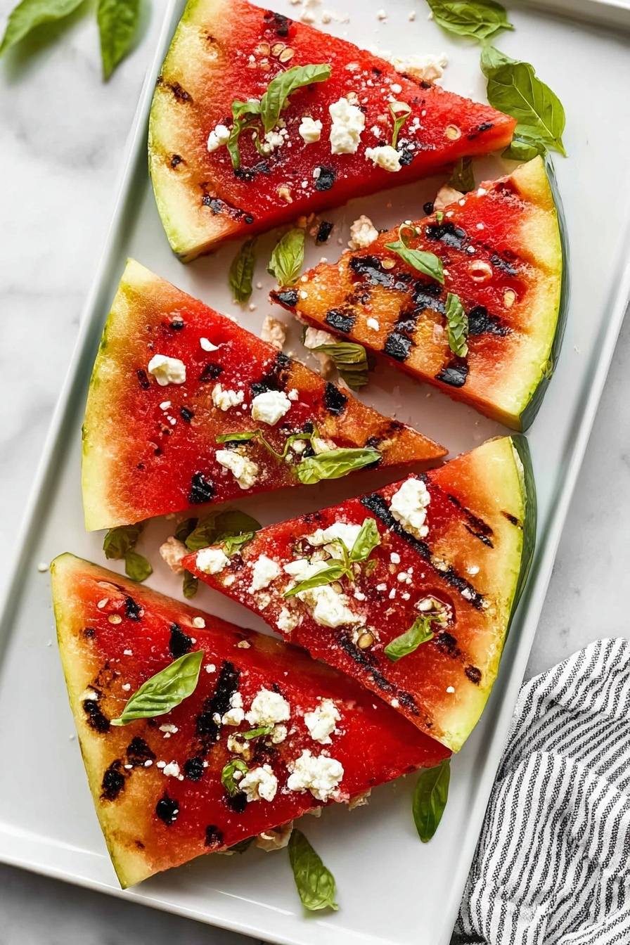 A white rectangular plate holds five grilled watermelon slices arranged in a slightly overlapping way. Each slice shows deep red flesh with dark brown grill marks and a green rind with a pale yellow edge. Small white cheese crumbles are scattered evenly on top of the watermelon, adding a crumbly texture. Fresh green basil leaves are also spread across the slices, adding a contrast of color and freshness. The plate sits on a white marbled surface with a soft, folded striped cloth nearby. photo taken with an iphone --ar 2:3 --v 7