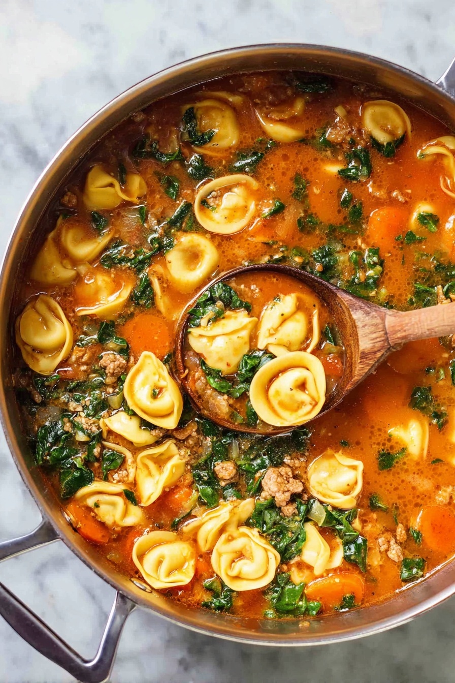 A pot filled with a rich orange broth shows many tortellini pieces floating on top, each tortellini having a smooth, pale yellow dough folded into small rings. Mixed throughout the soup are bright green leafy pieces, along with small chunks of cooked ground meat that add texture. Some tiny bubbles rise to the surface, and a wooden spoon partially dips into the soup on the right side. The pot has shiny silver sides with soft golden handles, placed on a white marbled surface. photo taken with an iphone --ar 2:3 --v 7