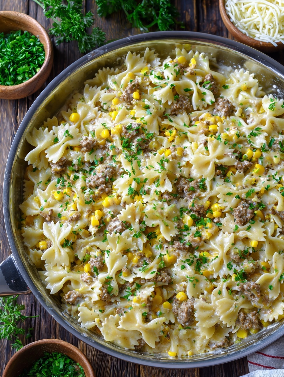 The image shows a large round white cast iron pot filled with a pasta dish. The dish has three main layers: the base is light brown bowtie pasta with a smooth texture, mixed evenly with small pieces of cooked ground meat which are light grayish-brown with a crumbly look, and scattered bright yellow corn kernels. The dish is sprinkled with chopped green herbs for color contrast. The pot is sitting on a wooden surface, which is complemented by small bowls of additional herbs and shredded cheese nearby. The overall look is warm and hearty. Photo taken with an iphone --ar 2:3 --v 7