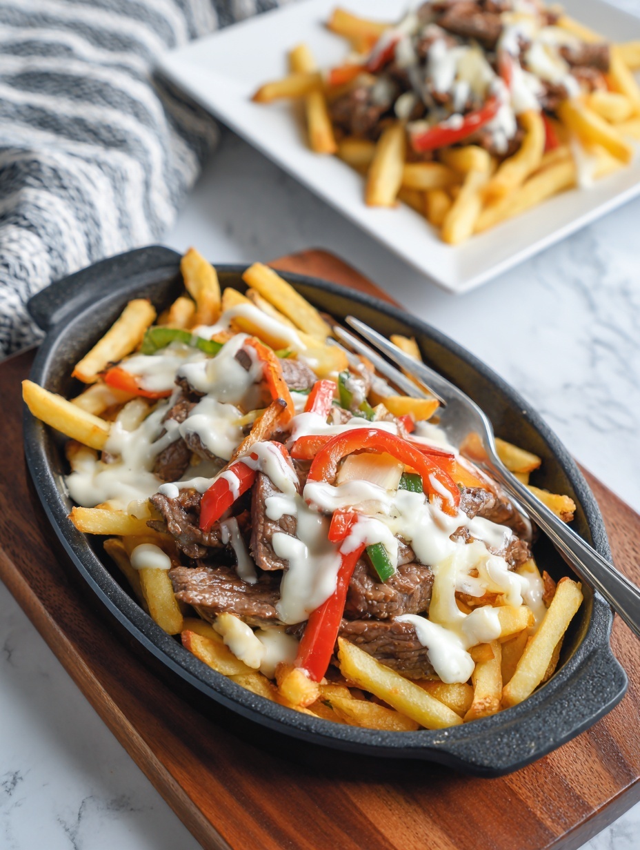 A black cast iron skillet filled with three layers: the bottom layer has golden-brown fries scattered unevenly, the middle layer contains slices of cooked brown beef mixed with thin strips of red and green bell peppers, and the top layer is covered with melted white cheese sauce dripping over all the ingredients. There is a fork stuck into the skillet on the right side and another fork resting on the skillet's left handle. Behind the skillet, there is a small white square plate with a similar mix of fries, beef, peppers, and cheese sauce with a fork placed on it. The dishes are placed on a wooden board, and the background is a beige cloth with a gray and white striped cloth napkin on the upper left side. Photo taken with an iphone --ar 2:3 --v 7