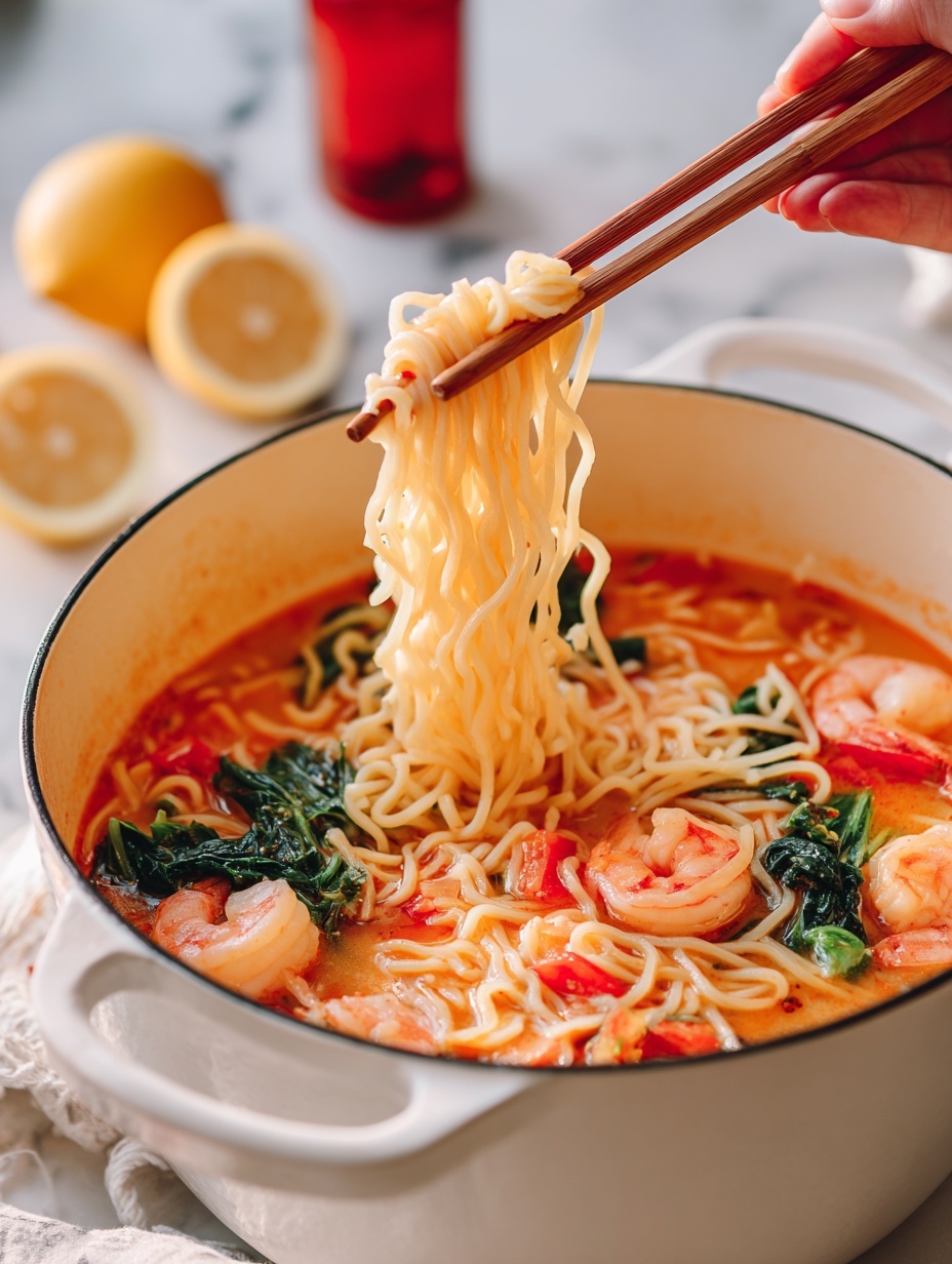 A white ceramic plate with blue patterns around the edge holds a serving of brown noodles as the bottom layer, looking soft and slightly twisted. On top, there are six to eight golden shrimp coated in a shiny sauce, each sprinkled with small white sesame seeds. Green chopped scallions and a few fresh cilantro leaves are scattered over the shrimp and noodles, adding bright green color. The plate sits on a white marbled surface, with a pair of dark brown chopsticks resting beside it. Photo taken with an iphone --ar 2:3 --v 7