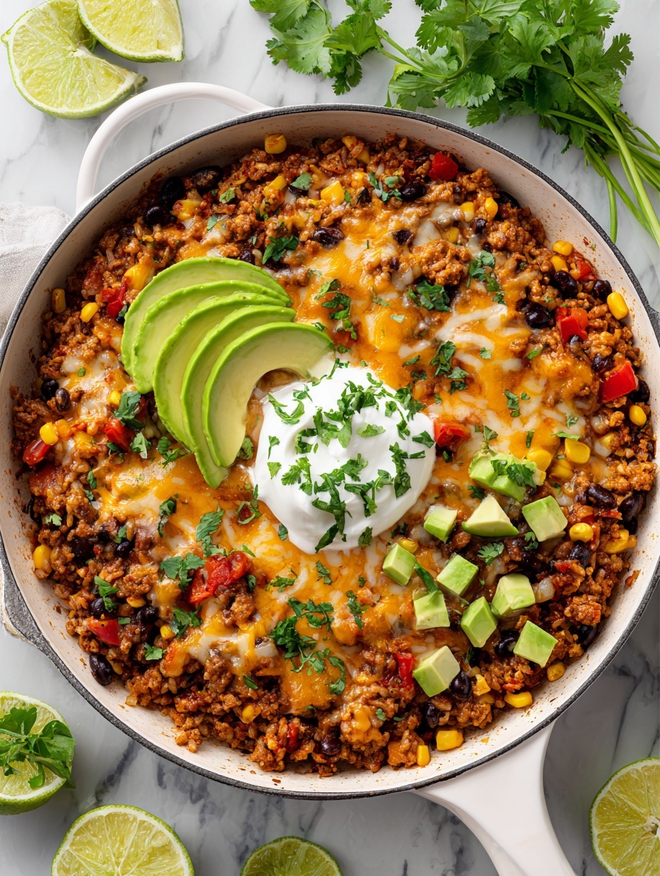 A close-up image shows ground meat cooking in a large black frying pan on a white marbled surface. The meat is partially browned with a mix of pink and brown colors and a crumbly texture. A woman's hand is pouring a light brown spice mix from a small clear glass bowl over the meat. A wooden spoon rests at the edge of the pan, slightly blurred in the background. The light is soft, highlighting the texture and colors clearly. photo taken with an iphone --ar 2:3 --v 7