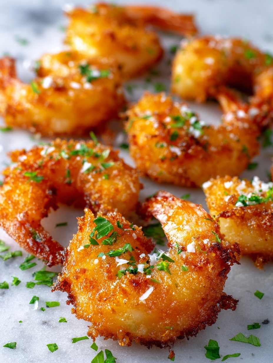 A white plate filled with golden-brown fried shrimp coated in a crispy, textured breading sprinkled with small green herbs, arranged in a slightly overlapping, casual pile. Next to the shrimp is a small glass bowl filled with a smooth, creamy white dipping sauce. The plate sits on a white marbled surface with a navy blue cloth folded nearby, adding contrast. In the background, blurred whole coconuts and a pineapple add a tropical feel to the scene. Photo taken with an iphone --ar 2:3 --v 7