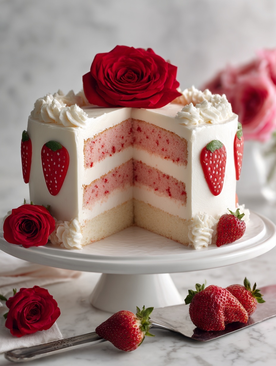 A white frosted cake with two pink cake layers inside is placed on a tall white cake stand on a wooden table. The outside of the cake has small red strawberry shapes with green tops around it and a large red rose placed on top. A slice of the cake is being held out with a cake server, showing the smooth white frosting between the two pink layers. Red roses and fresh strawberries are scattered around the base of the cake stand on the wooden table, all set against a white marbled background. Photo taken with an iphone --ar 2:3 --v 7