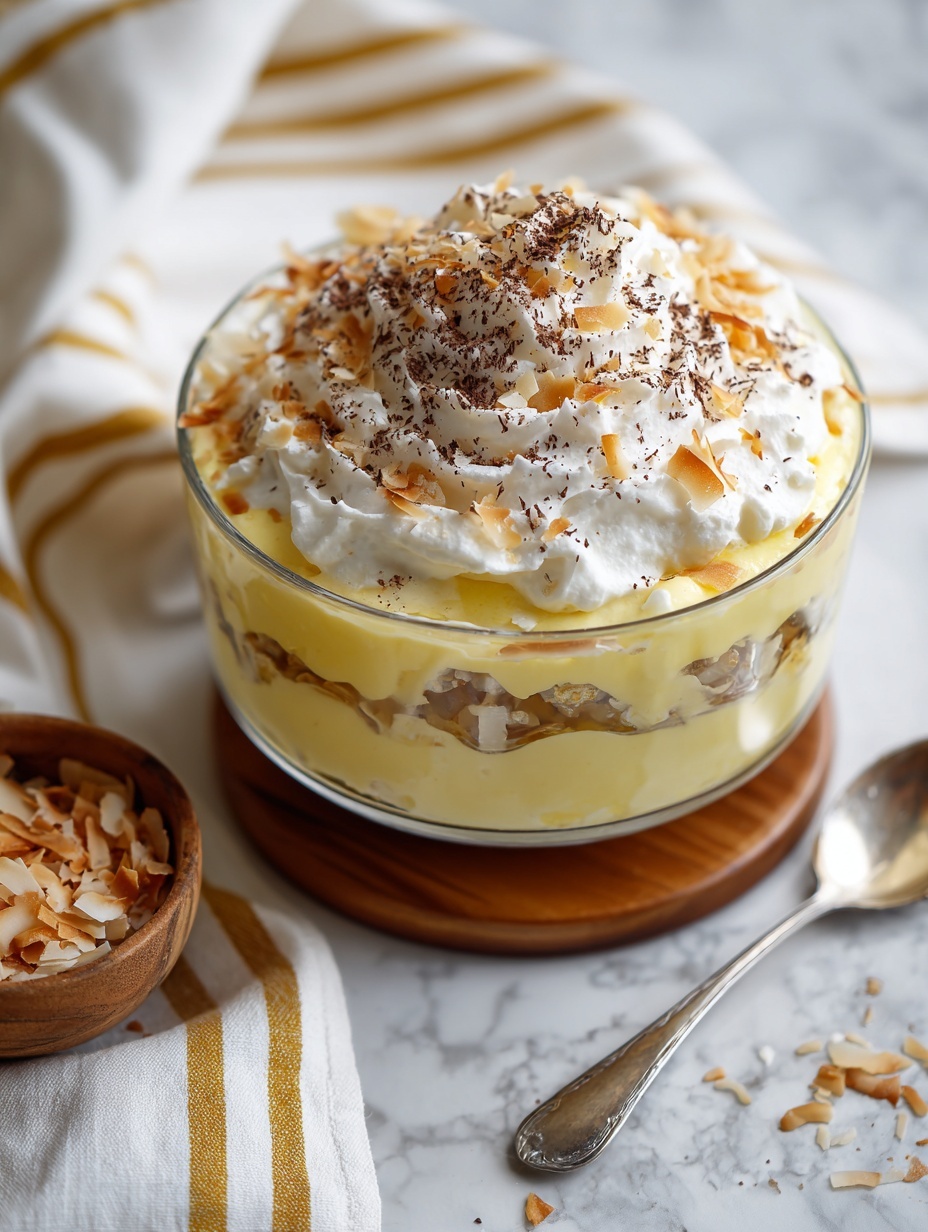 The image shows a clear glass bowl with three layers: at the bottom, a light brown soft layer that looks like soaked cookies, in the middle a thick yellow creamy layer with some cookie pieces in it, and on top a white fluffy layer of whipped cream. The top is sprinkled with light brown toasted coconut flakes and a dusting of fine dark brown powder, likely cinnamon. The bowl sits on a wooden base, placed on a white marbled surface next to a silver spoon wrapped in a white cloth with thin gold stripes. A small wooden bowl filled with more toasted coconut flakes sits nearby. The whole scene is well lit with a dark blurred background. photo taken with an iphone --ar 2:3 --v 7
