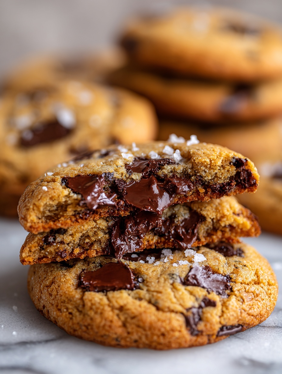The image shows three thick chocolate chip cookies on a white marbled surface, with one cookie split in half and placed on top of a whole cookie, revealing a soft, melted chocolate inside. The cookies are golden brown with visible dark brown chocolate chips on the surface, and there are small white flakes of sea salt sprinkled on top. The texture looks soft and slightly chewy with a slightly crisp outside. The focus is close-up, making the gooey chocolate inside the broken cookie very clear. Photo taken with an iphone --ar 2:3 --v 7