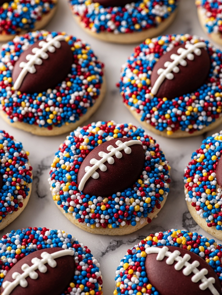 The image shows round cookies covered in small, round sprinkles in red, blue, white, and yellow colors. Each cookie has a dark chocolate football-shaped piece on top, decorated with white icing in a crisscross pattern to look like football laces. The sprinkles form a thick, even layer on the cookie surface under the chocolate football. The close-up view highlights the bright colors and textures of the sprinkles and smooth chocolate against a white marbled surface. photo taken with an iphone --ar 2:3 --v 7
