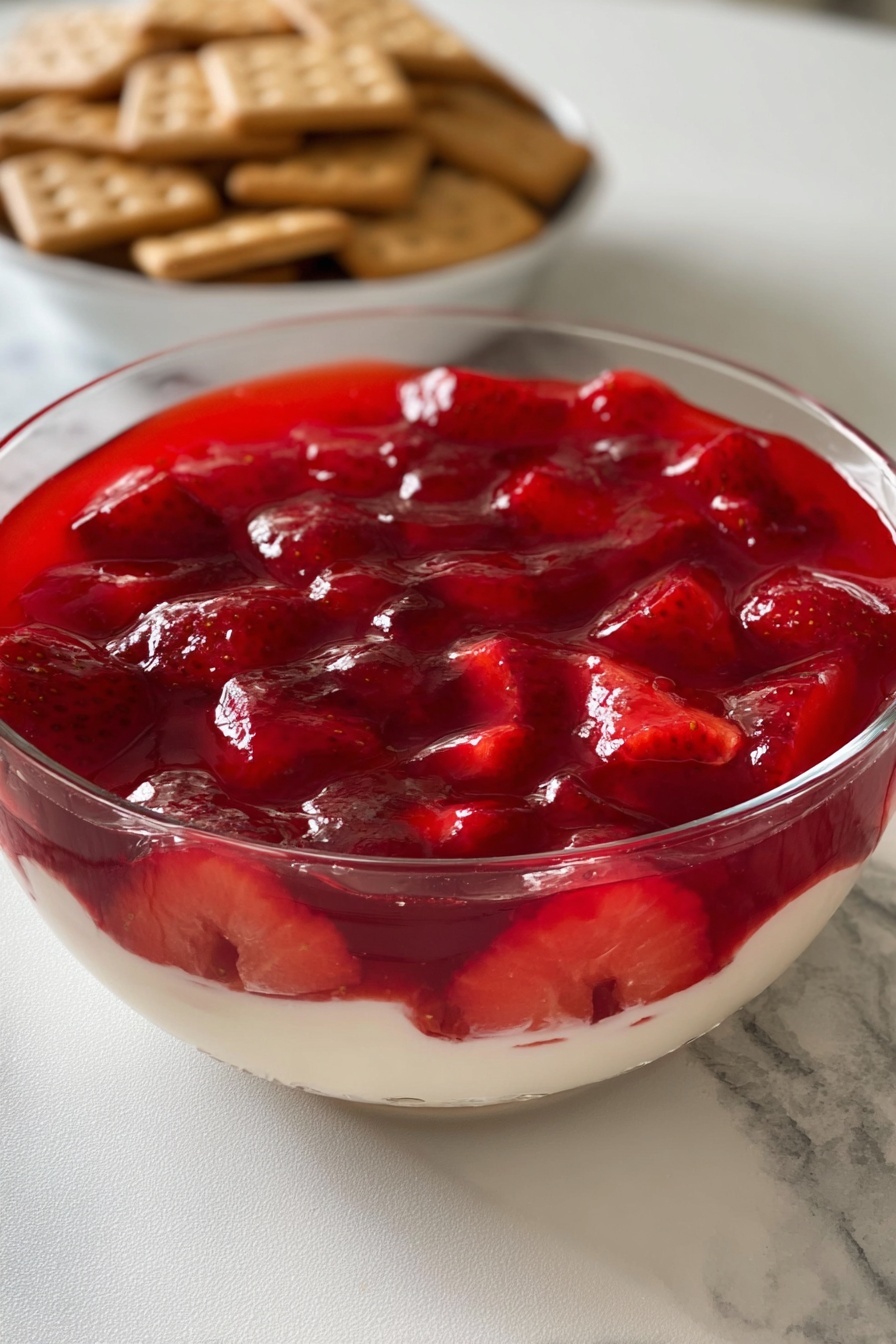 A clear glass bowl filled with a two-layer dessert sits on a white marbled surface. The bottom layer is creamy and white, smooth in texture, while the top layer is bright red gelatin with whole cherries suspended inside, adding a glossy and slightly translucent look. In the background, there is a white bowl filled with square brown crackers. The image is close-up, focusing mainly on the dessert bowl. Photo taken with an iphone --ar 2:3 --v 7